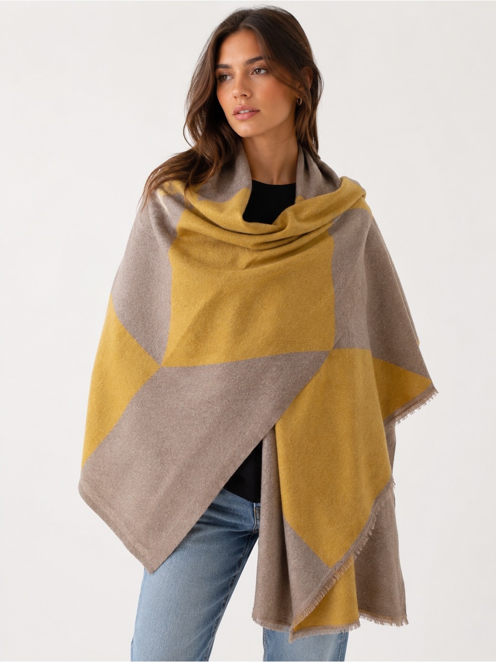 Mustard & Taupe Geometric Wrap Scarf - Women's Cozy Shawl